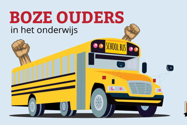 Illustratie van gele bus met de tekst Boze Ouders in het Onderwijs